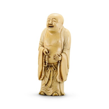View full screen - View 1 of Lot 418. An ivory figure of Budai Qing dynasty, 18th century | 清十八世紀 牙雕布袋和尚立像.