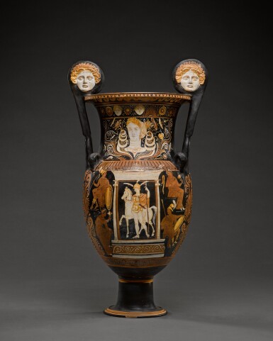 View full screen - View 1 of Lot 165. An Apulian Red-figured Volute Krater, attributed to the Circle of the White Sakkos Painter, circa 330-310 B.C..