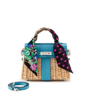 View full screen - View 1 of Lot 646. Limited Edition Bleu du Nord Swift Leather and Osier Wicker Mini Picnic Kelly 20 Palladium Hardware, 2019.