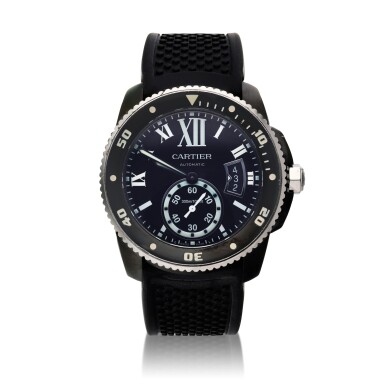 View full screen - View 1 of Lot 260. Reference 3729 Calibre De Cartier | A DLC-coated stainless steel automatic wristwatch with date, Circa 2014.