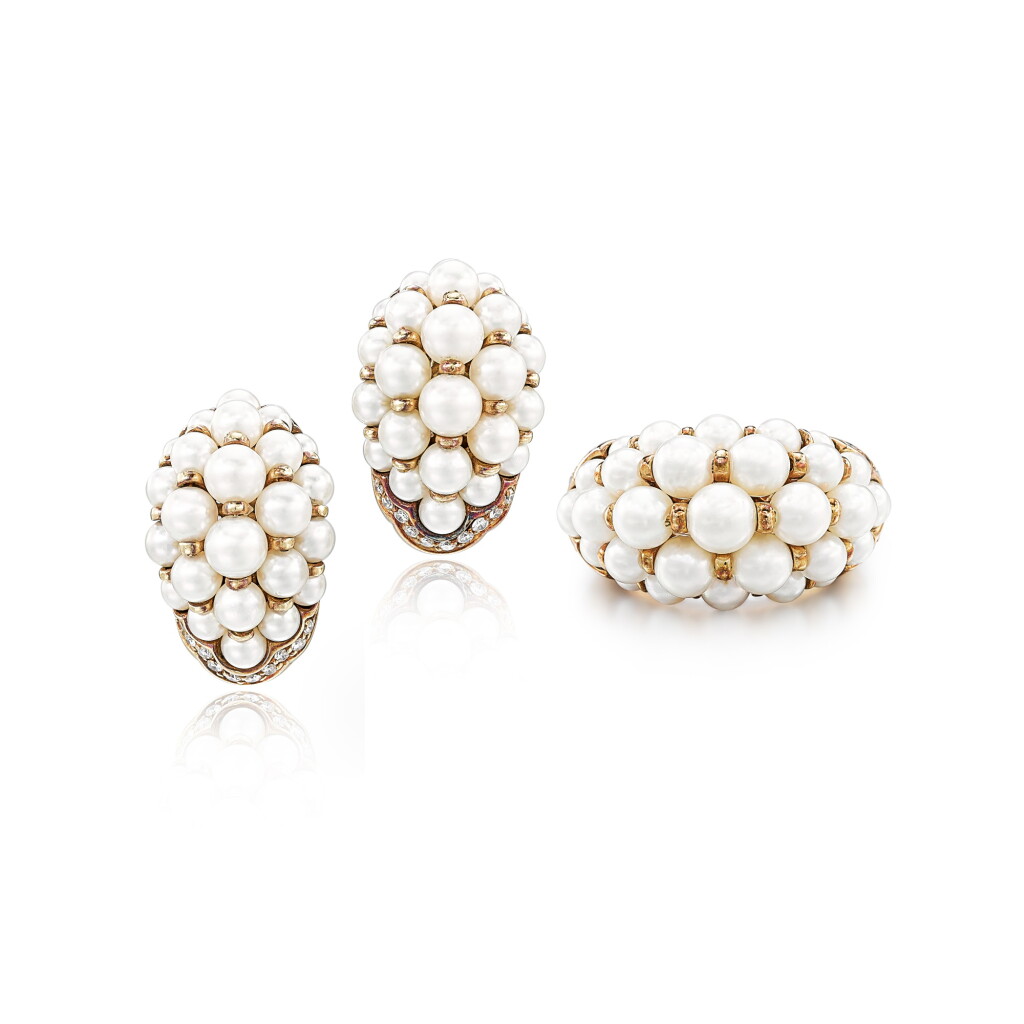 View full screen - View 1 of Lot 2866. Cultured Pearl and Diamond Demi-Parure | 卡地亞 | 養殖珍珠配 鑽石 戒指及耳環 套裝.