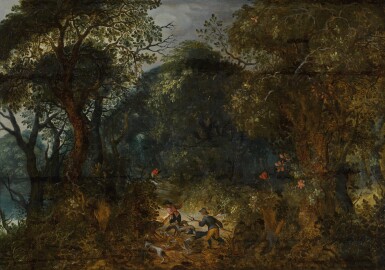 View full screen - View 1 of Lot 96. ABRAHAM GOVAERTS | Wooded landscape with a boar hunt.