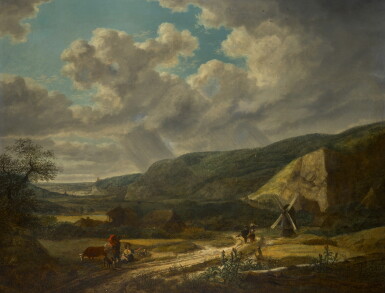 View full screen - View 1 of Lot 217. DUTCH SCHOOL, 19TH CENTURY | Landscape with figures on a path by a windmill, rain clouds beyond.