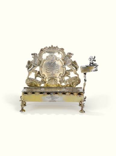 View full screen - View 1 of Lot 29. A GERMAN SILVER-GILT HANUKAH LAMP, MAKER'S MARK NS, FRANKFURT, LATE 18TH CENTURY.