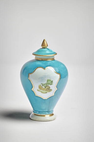 View full screen - View 1 of Lot 204. A Capodimonte Porcelain Turquoise-Blue-Ground Tea Canister and Cover, circa 1745-50.