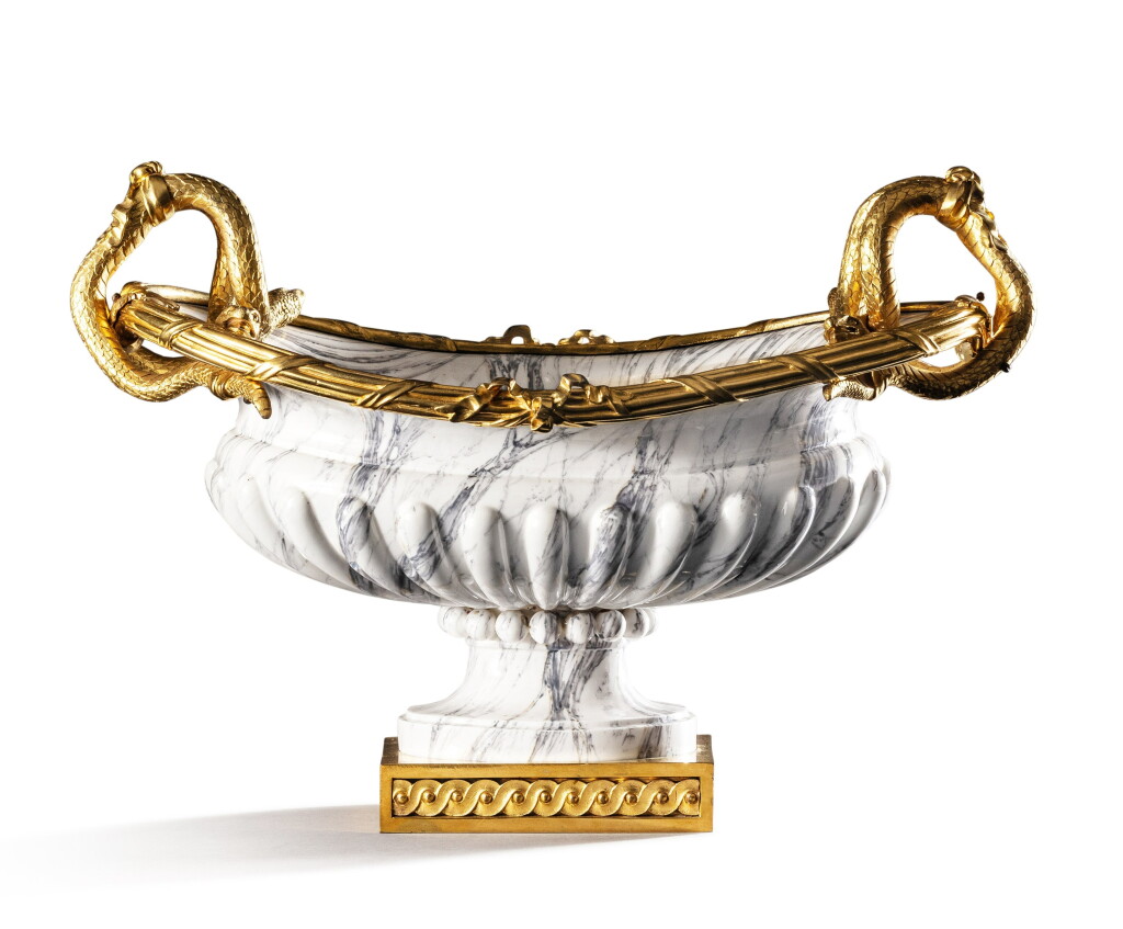 View full screen - View 1 of Lot 114. A Louis XV gilt-bronze-mounted Sèvres porcelain vase ‘Choiseul’, circa 1763-1765, the mounts probably after a drawing by Jean-Claude Chambellan Duplessis.