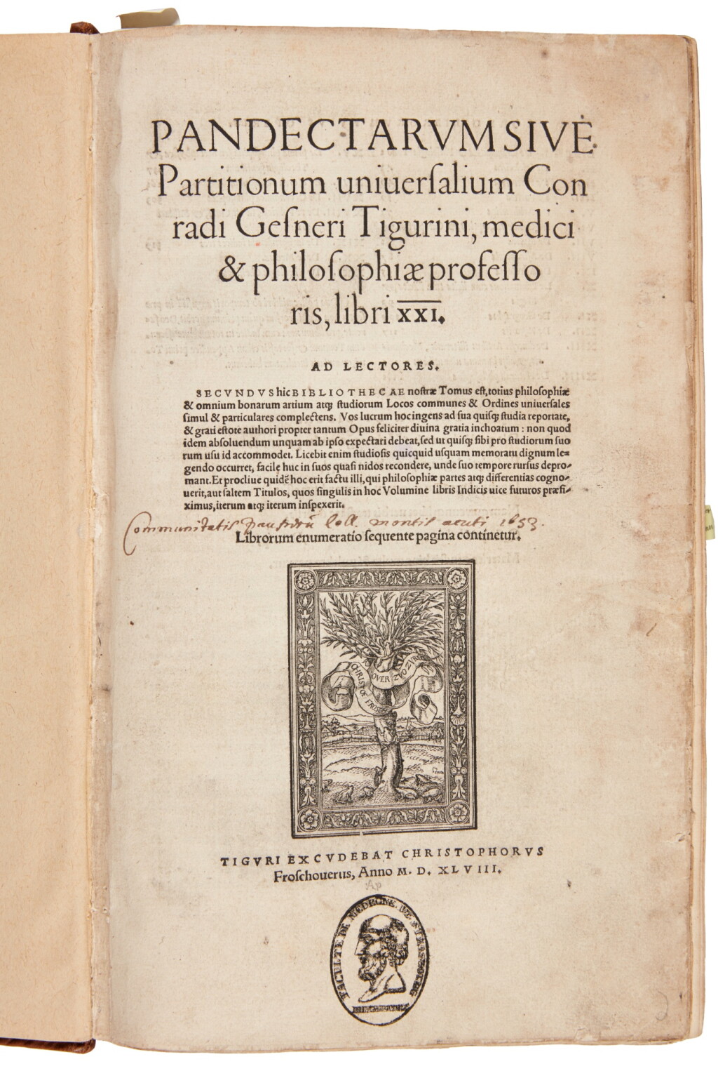 View full screen - View 1 of Lot 1107. Gesner, Pandectarum sive Partitionum universalium libri XXI, Zurich, 1548, later half calf.