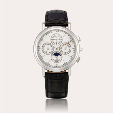 View full screen - View 1 of Lot 2137. Patrimony, Reference 49005 A platinum perpetual calendar chronograph wristwatch with moon phases and leap year indication, Circa 2000 | 江詩丹頓 | PATRIMONY 型號49005 | 鉑金萬年曆計時腕錶,備月相及閏年顯示,約2000年製.