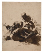 Four Men Moving a Boulder, Two Onlookers
