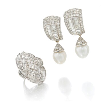 View full screen - View 1 of Lot 144. Pair of cultured pearl and diamond earrings and diamond ring (Paio di orecchini con perle coltivate e diamanti e anello in diamanti).