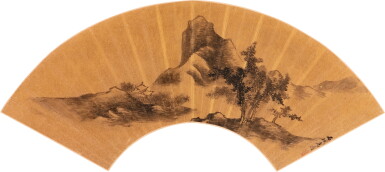 View full screen - View 1 of Lot 45. Attributed to Gao Shiqi (1645-1704), Landscape after Mi Fu, Early Qing dynasty | 清早期 (傳)高士奇(1645-1704) 仿米芾山水 水墨紙本 扇面 鏡框.
