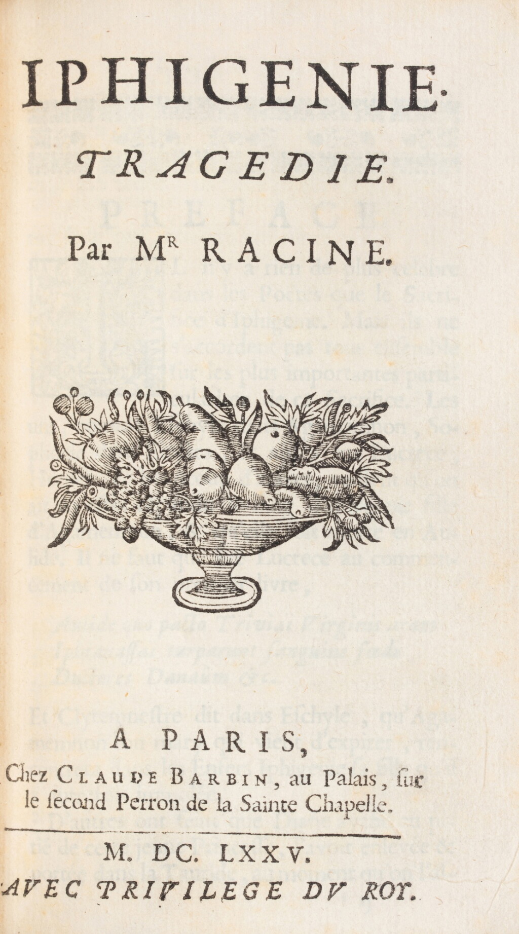 View full screen - View 1 of Lot 70. Iphigénie. Paris, Claude Barbin, 1675. In-12. Rel. de Chambolle-Duru. Ed. originale..