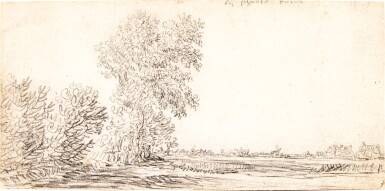 View full screen - View 1 of Lot 98. Landscape with a Row of Trees and a Village in the Distance.