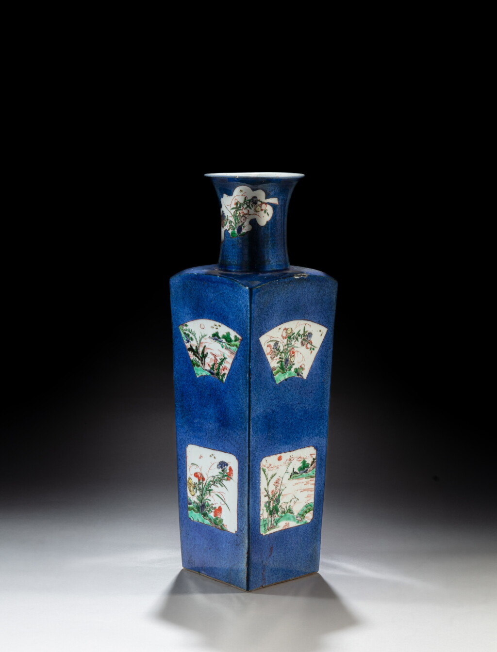 View full screen - View 1 of Lot 148. A powder-blue ground famille-verte square vase, Qing dynasty, Kangxi period | 清康熙 灑藍地描金開光五彩花卉紋方瓶.