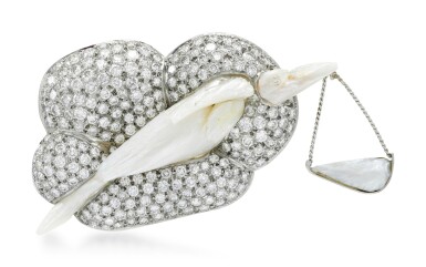 View full screen - View 1 of Lot 276. GEOFF ROWLANDSON | CULTURED PEARL AND DIAMOND BROOCH, 'SPECIAL DELIVERY'.