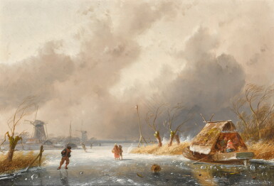 View full screen - View 1 of Lot 116. A winter landscape with skaters, figures, a boat and windmills beyond.