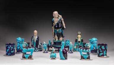 View full screen - View 1 of Lot 156. A group of sixteen turquoise and aubergine-glazed wares, 17th - 18th century.