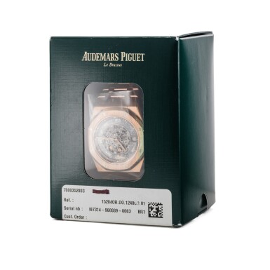 View full screen - View 1 of Lot 70. Reference 15204OR.OO.1240OR.01 Royal Oak Openworked Extra-Thin | A pink gold skeletonized automatic wristwatch with bracelet, Service Sealed, Circa 2015 | 愛彼 15204OR.OO.1240OR.01 型號 Royal Oak Openworked Extra-Thin | 粉紅金鏤空自動上鏈鍊帶腕錶,附原廠保養封套,約2015年製.