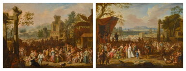 View full screen - View 1 of Lot 351. Town landscapes depicting festivities including actors, dancers, markets and crowds of attendees.