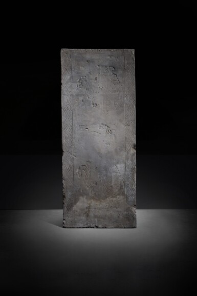 View full screen - View 1 of Lot 520. An impressed gray pottery 'warrior and tiger' tomb tile, Western Han dynasty .