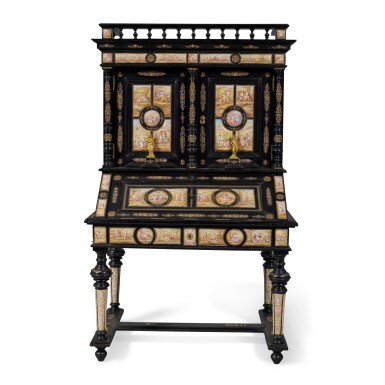 View full screen - View 1 of Lot 124. A Viennese Enamel Inlaid Ebonized Bureau Cabinet, Circa 1880.