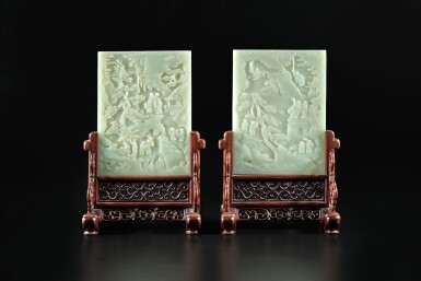 View full screen - View 1 of Lot 49. A pair of white jade 'immortals' table screens, Qing dynasty, 18th / 19th century.