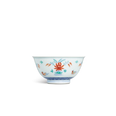 View full screen - View 1 of Lot 3360. A doucai 'flower and duck' bowl, Seal mark and period of Qianlong | 清乾隆 闘彩鴛鴦花卉圖盌 《大清乾隆年製》款.