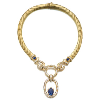 View full screen - View 1 of Lot 851. Gold, Sapphire and Diamond Necklace.