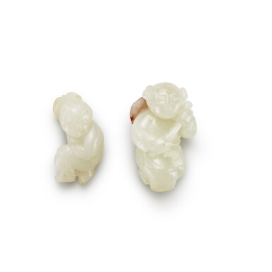 View full screen - View 1 of Lot 150. Two white jade carvings of a boy, Qing dynasty.