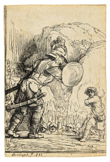 View full screen - View 1 of Lot 66. David and Goliath (Bartsch, Hollstein 36; New Hollstein 288c; Hind 284).