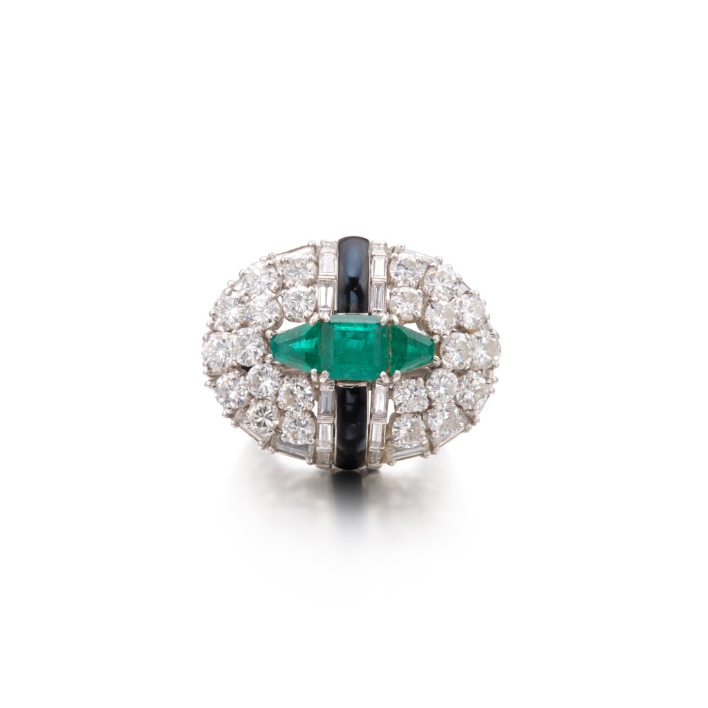 View full screen - View 1 of Lot 223. Emerald, Enamel and Diamond Ring.