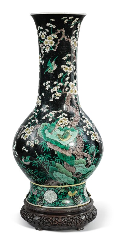 View full screen - View 1 of Lot 1031. A FAMILLE-NOIRE 'BIRD AND FLOWER' PEAR-SHAPED VASE, THE PORCELAIN 18TH CENTURY, THE ENAMELS LATER-ADDED.