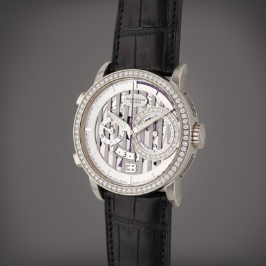 View full screen - View 1 of Lot 59. Atlante Flyback Chronograph Bugatti | A white gold and diamond-set semi-skeletonized automatic chronograph wristwatch with date, Circa 2010.