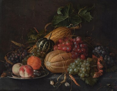 View full screen - View 1 of Lot 53. Still Life of Melon, Grapes, Peaches, and a Pumpkin, With a Pewter Plate, Wineglasses, and Insects on a Stone Ledge.