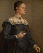 BERNADINO GATTI, CALLED IL SOJARO | Portrait of a lady wearing an embroidered black dress and a gold chain