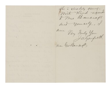 View full screen - View 1 of Lot 24. JAMES A. GARFIELD | A warm letter, written and signed by President Garfield in office, thanking George Bancroft for roses sent to the First Lady.
