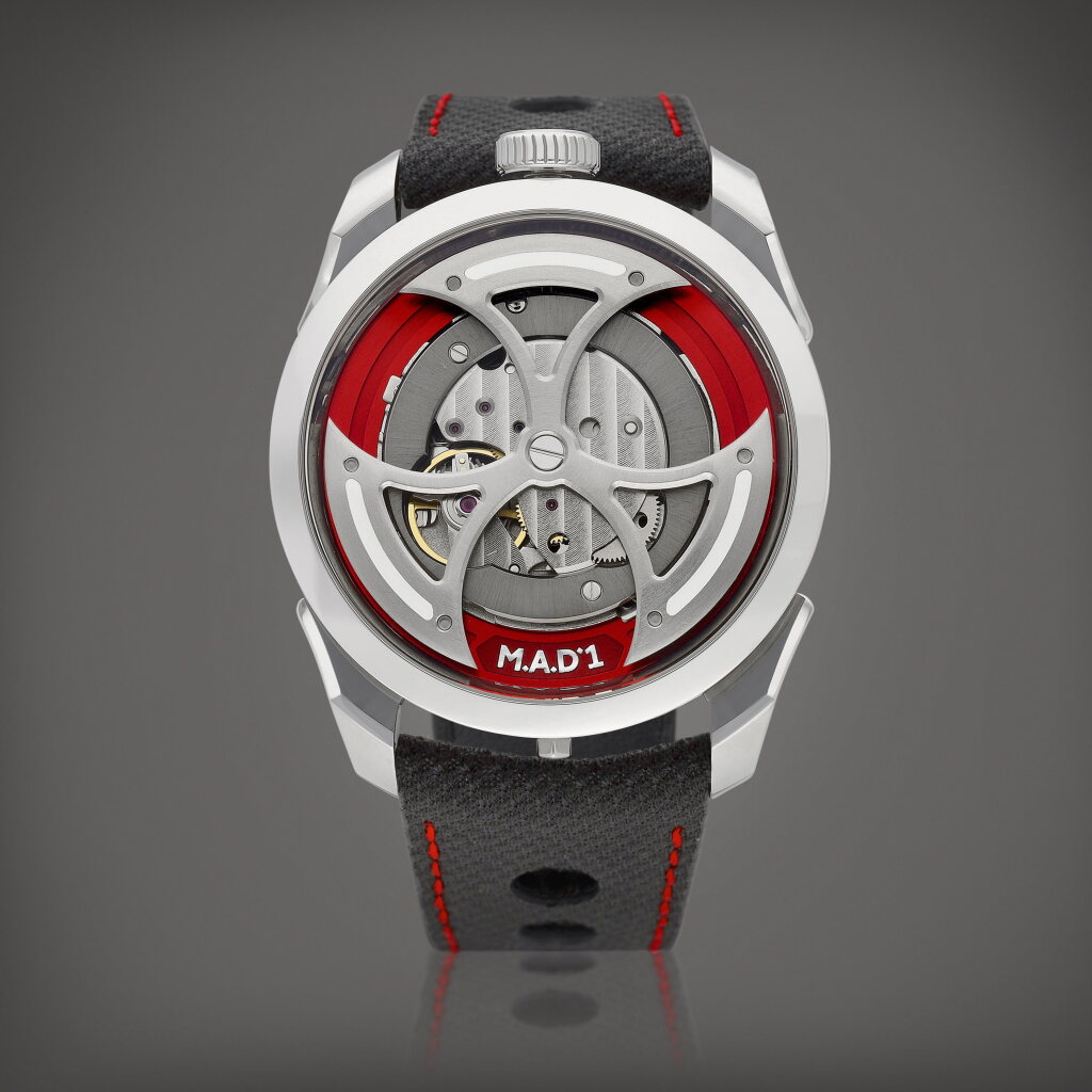 View full screen - View 1 of Lot 8616. M.A.D.1 RED | A brand new stainless steel semi-skeletonised wristwatch with lateral time display and triple-blade winding rotor, Made in collaboration with MB&F, Circa 2022 | M.A.D.1 RED | 全新精鋼半鏤空腕錶,備橫向時間顯示及三葉擺陀,與 MB&F 合製,約2022年製.