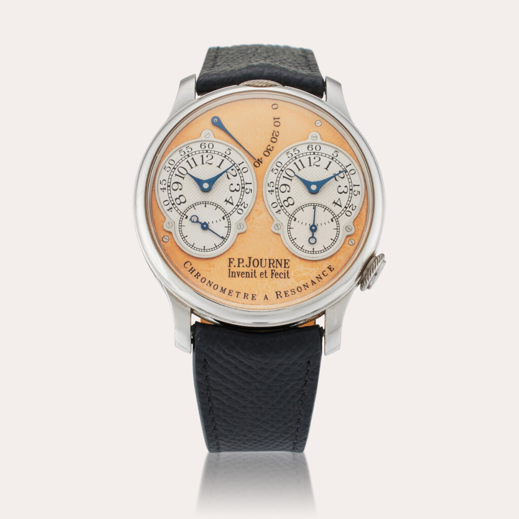 View full screen - View 1 of Lot 88. Chronomètre à Résonance | A platinum dual time wristwatch with power reserve indication and brass movement, Circa 2003.