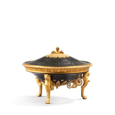 View full screen - View 1 of Lot 17. An Empire patinated bronze and gilt-bronze pot-pourri cassolette, circa 1810, after a design by Charles Percier.