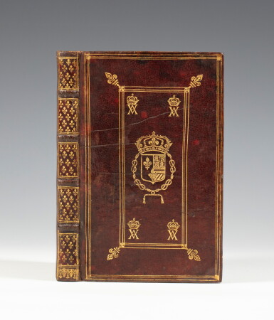 View full screen - View 1 of Lot 39. Institutionum Justiniani... Manuscrit. In-12. Maroquin rouge aux armes d'Anne d'Autriche..