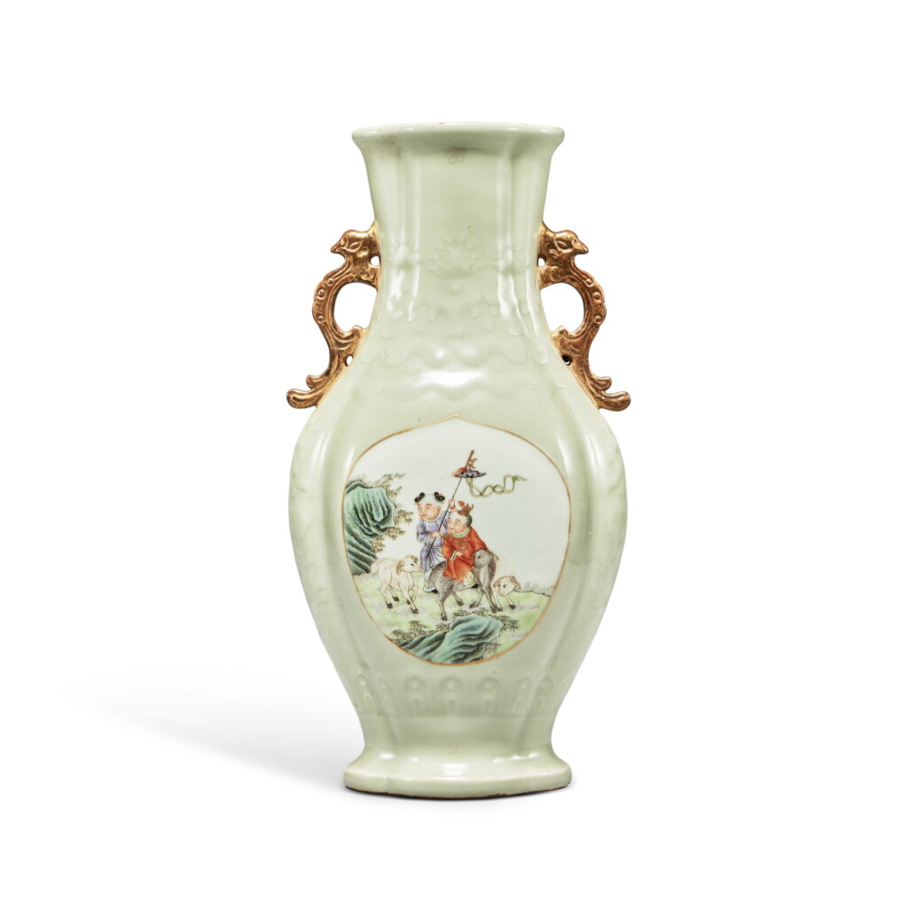 View full screen - View 1 of Lot 45. A celadon-ground famille-rose 'boys' handled vase, Republic period .