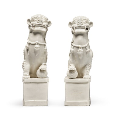 View full screen - View 1 of Lot 639. A pair of 'Dehua' 'Buddhist lion' joss stick holders, Qing dynasty, 18th century | 清十八世紀 德化白釉佛獅香插一對.