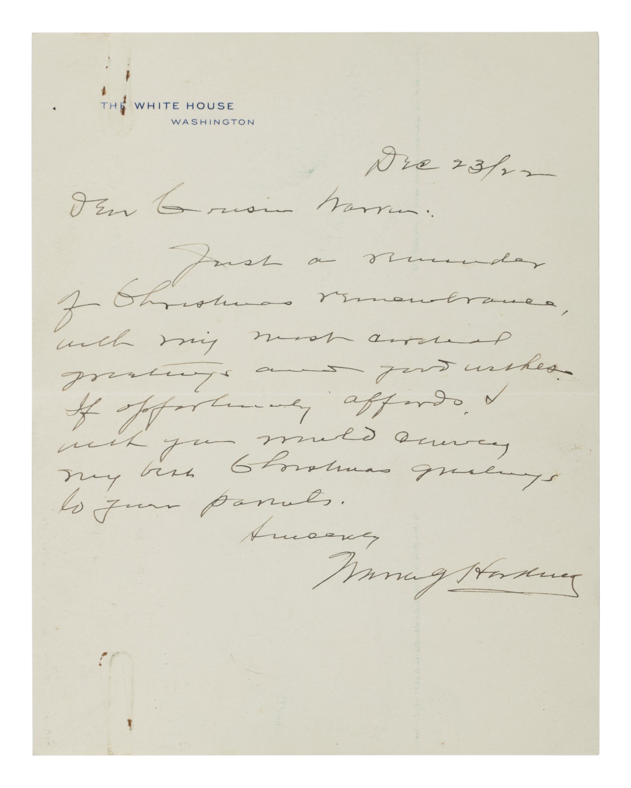 WARREN G. HARDING A very rare autograph letter signed by Warren G