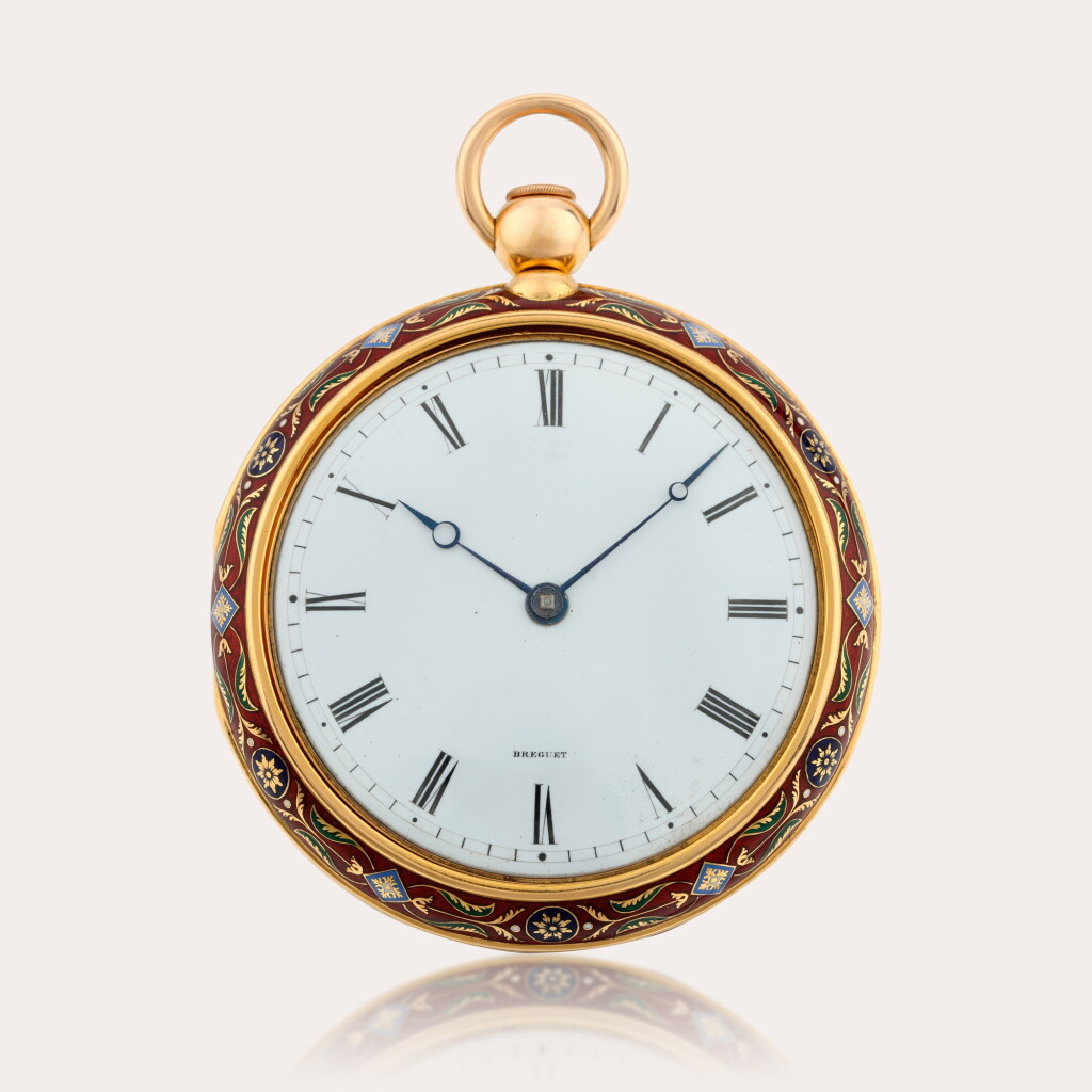 View full screen - View 1 of Lot 41. An important and magnificent 20ct gold, enamel and paillon decorated cabriolet cased quarter repeating watch with duplex escapement and chronometer balance made in the Turkish market style, the cuvette engraved with equation of time.