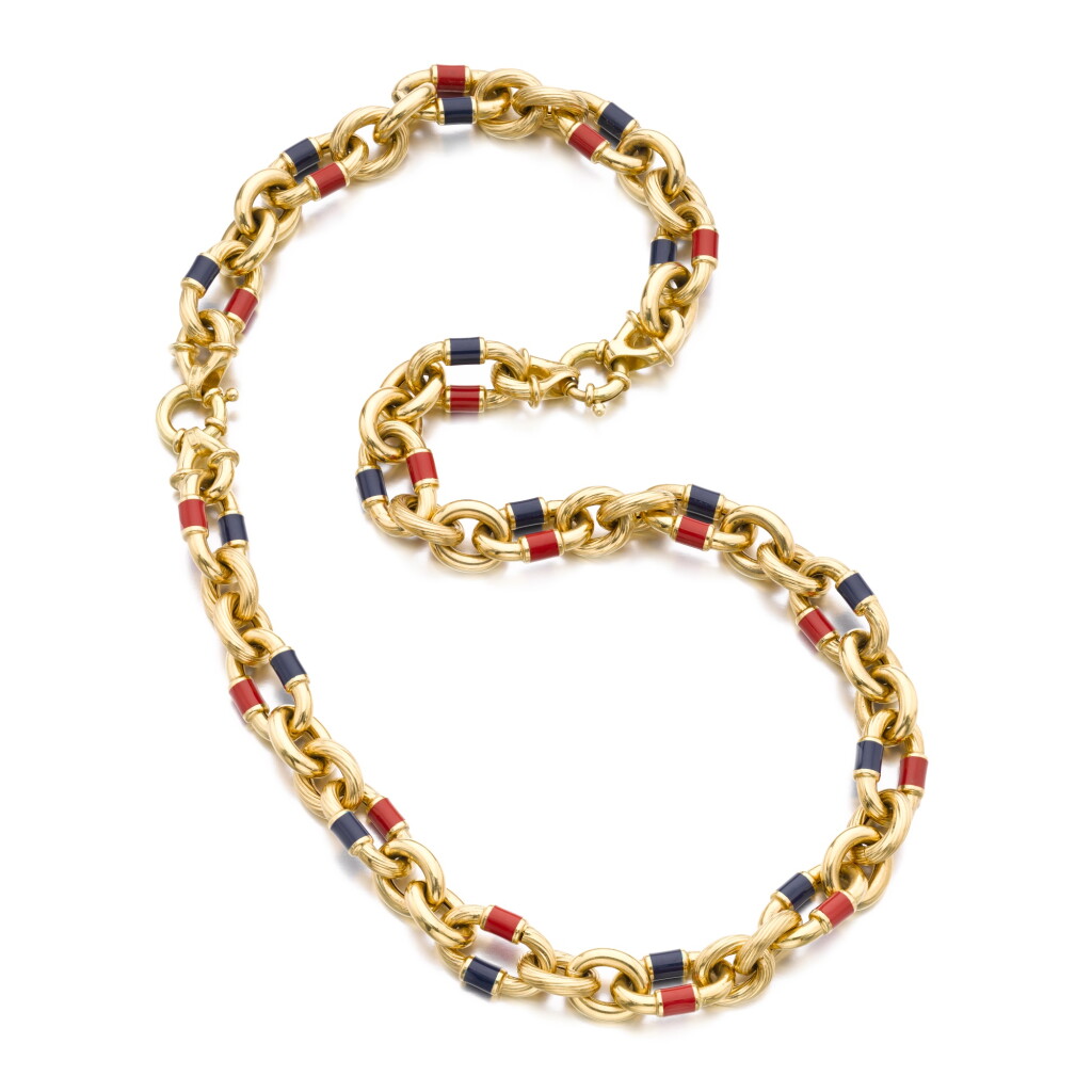 View full screen - View 1 of Lot 958. Gold and enamel necklace.