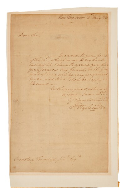 View full screen - View 1 of Lot 1043. Washington, George | Autograph letter signed welcoming Jonathan Trumbull to his “family” as an aide-de-camp, 1781.