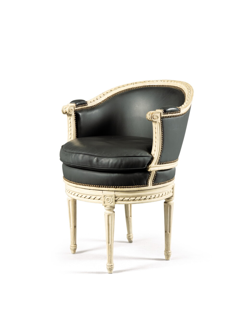 View full screen - View 1 of Lot 184. A LOUIS XVI CARVED WHITE PAINTED DESK ARMCHAIR BY PHILIPPE POIRIER | FAUTEUIL DE BUREAU EN BOIS SCULPTÉ RELAQUÉ BLANC D'ÉPOQUE LOUIS XVI PAR PHILIPPE POIRIER.