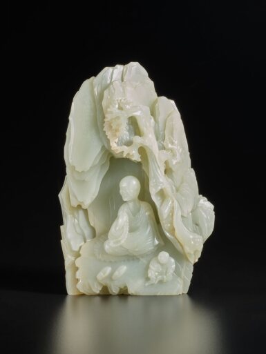 View full screen - View 1 of Lot 279. An inscribed pale celadon jade 'Luohan' boulder, Mark and period of Qianlong, dated dingchou year, corresponding to 1757 | 清乾隆丁丑年 (1757年) 青白玉雕拔嘎沽拉尊者山子 《大清乾隆年造》款.