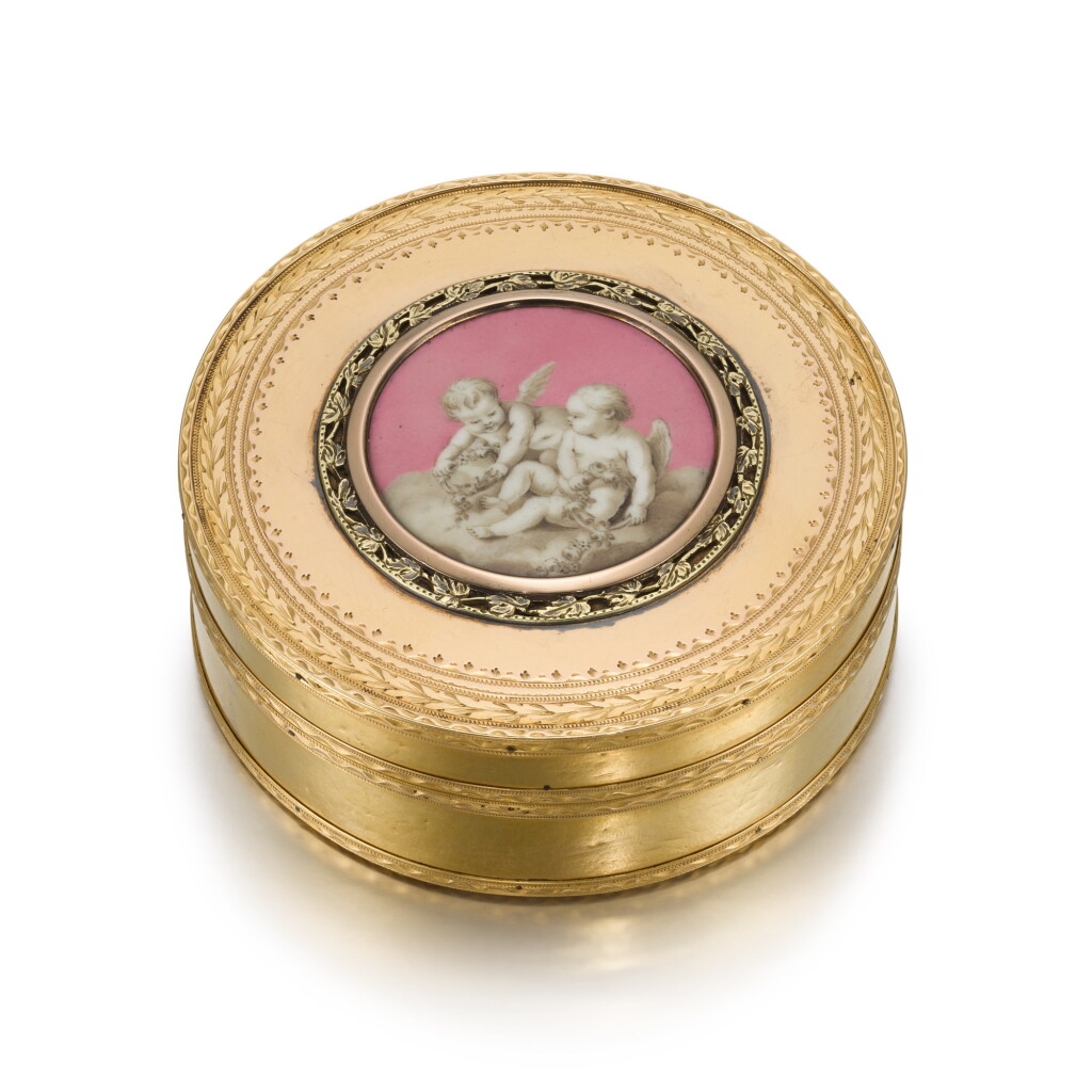View full screen - View 1 of Lot 48. A two-coloured gold and enamel bonbonniere, Paris, 1762-68, and a small gold and enamel box, probably Hanau, circa 1785.