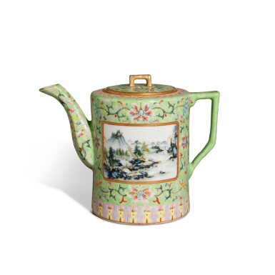 View full screen - View 1 of Lot 792. A lime-green-ground famille-rose 'landscape' teapot and cover, Early 20th century | 二十世紀初 淺綠地粉彩開光山水圖茶壺.